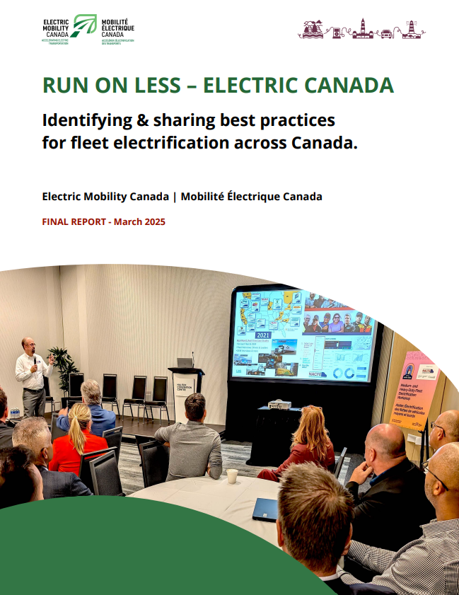 A screen capture of the cover page of Electric Mobility Canada's Run on Less report